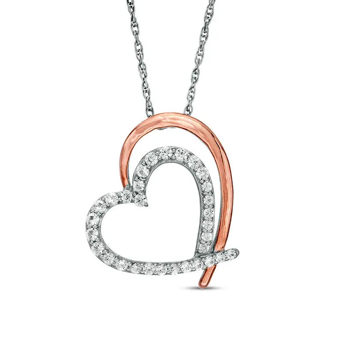 Goldia Necklaces LabCreated White Sapphire Tilted Double Heart Outline Pendant in Sterling Silver and 10K Rose Gold Goldia Necklaces LabCreated White Sapphire Tilted Double Heart Outline Pendant in Sterling Silver and 10K Rose Gold