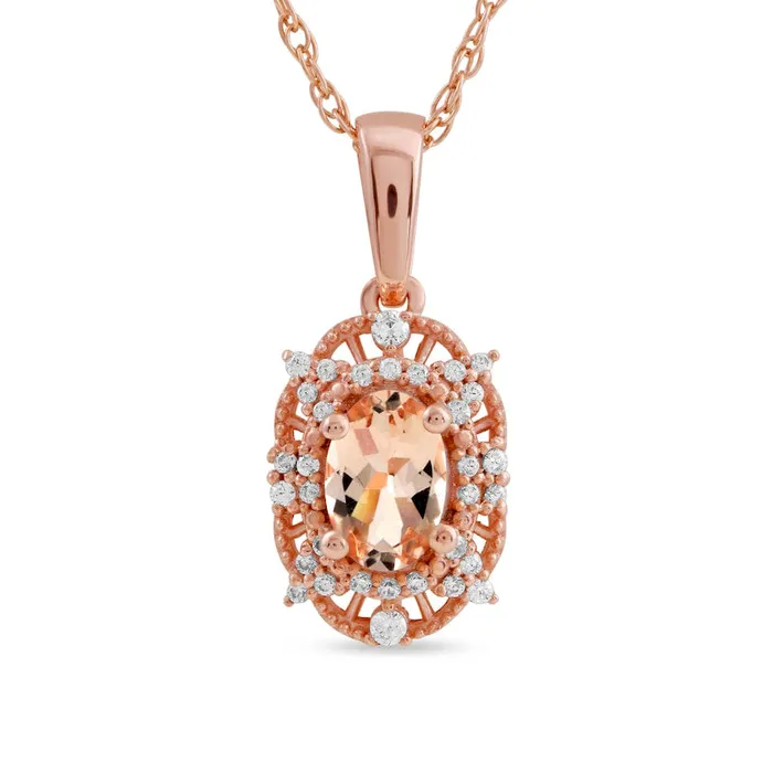Goldia Necklaces Oval Morganite and 01 CT TW Natural Diamond Bead Frame Sunburst Pendant in 10K Rose Gold Goldia Necklaces Oval Morganite and 01 CT TW Natural Diamond Bead Frame Sunburst Pendant in 10K Rose Gold