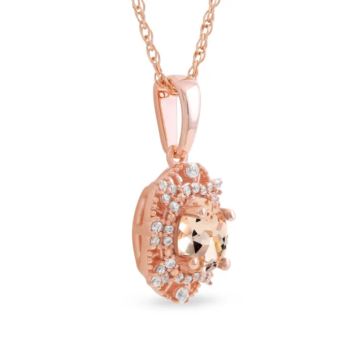 Goldia Necklaces Oval Morganite and 01 CT TW Natural Diamond Bead Frame Sunburst Pendant in 10K Rose Gold Goldia Necklaces Oval Morganite and 01 CT TW Natural Diamond Bead Frame Sunburst Pendant in 10K Rose Gold
