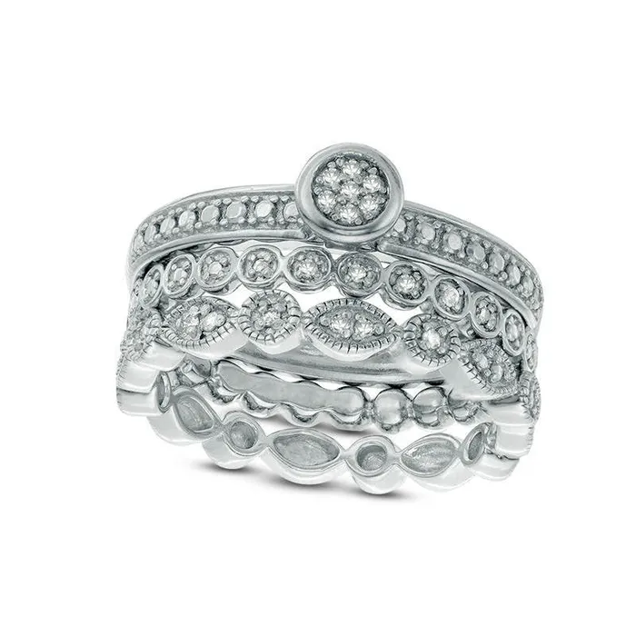 Goldia Rings 010 CT TW Natural Diamond Antique VintageStyle Three Piece Stackable Band Set in Sterling Silver Goldia Rings 010 CT TW Natural Diamond Antique VintageStyle Three Piece Stackable Band Set in Sterling Silver