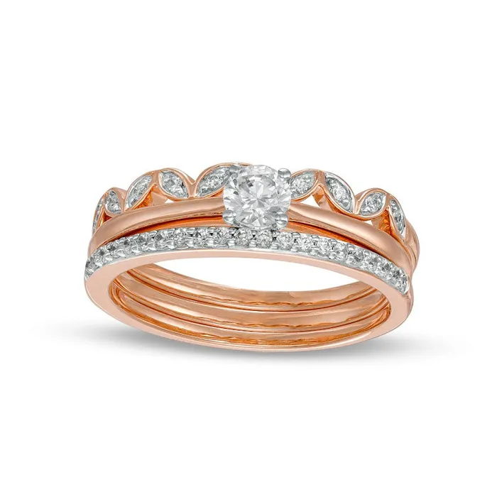 Goldia Rings 038 CT TW Natural Diamond Alternating Leaf Three Piece Bridal Engagement Ring Set in Solid 10K Rose Gold JI3 Goldia Rings 038 CT TW Natural Diamond Alternating Leaf Three Piece Bridal Engagement Ring Set in Solid 10K Rose Gold JI3