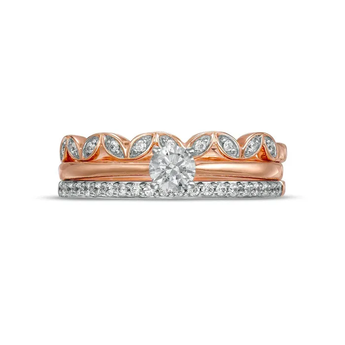 Goldia Rings 038 CT TW Natural Diamond Alternating Leaf Three Piece Bridal Engagement Ring Set in Solid 10K Rose Gold JI3 Goldia Rings 038 CT TW Natural Diamond Alternating Leaf Three Piece Bridal Engagement Ring Set in Solid 10K Rose Gold JI3
