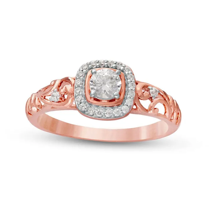 Goldia Rings 038 CT TW Natural Diamond Cushion Frame Filigree Shank Ring in Solid 10K Rose Gold