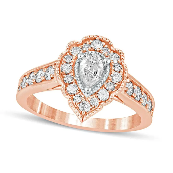 Goldia Rings 10 CT TW PearShaped Natural Diamond Scallop Frame Antique VintageStyle Engagement Ring in Solid 14K Rose Gold Goldia Rings 10 CT TW PearShaped Natural Diamond Scallop Frame Antique VintageStyle Engagement Ring in Solid 14K Rose Gold