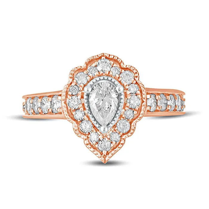 Goldia Rings 10 CT TW PearShaped Natural Diamond Scallop Frame Antique VintageStyle Engagement Ring in Solid 14K Rose Gold Goldia Rings 10 CT TW PearShaped Natural Diamond Scallop Frame Antique VintageStyle Engagement Ring in Solid 14K Rose Gold