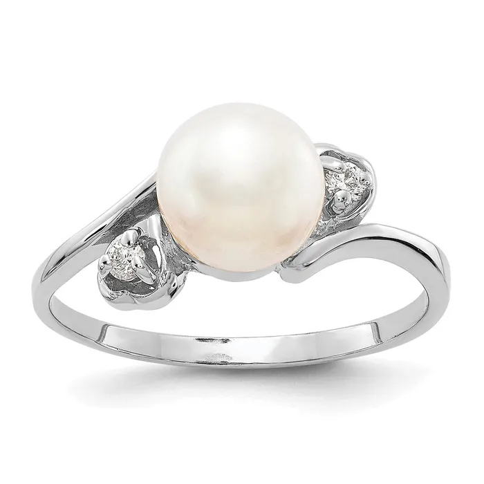 Goldia Rings 14k White Gold 7mm FW Cultured Pearl AAA Diamond ring