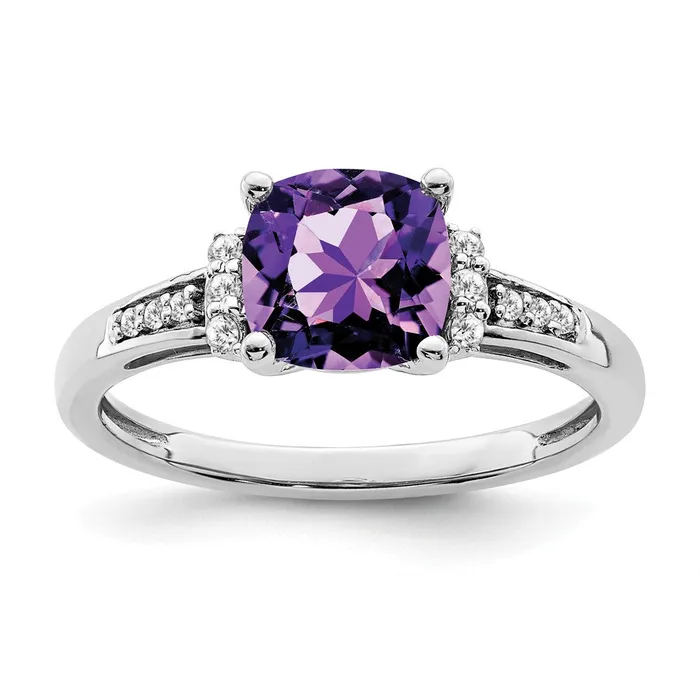 Goldia Rings 14k White Gold Cushion Amethyst and Real Diamond Ring