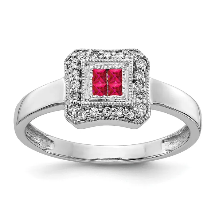 Goldia Rings 14k White Gold Square Design Ruby and Real Diamond Ring