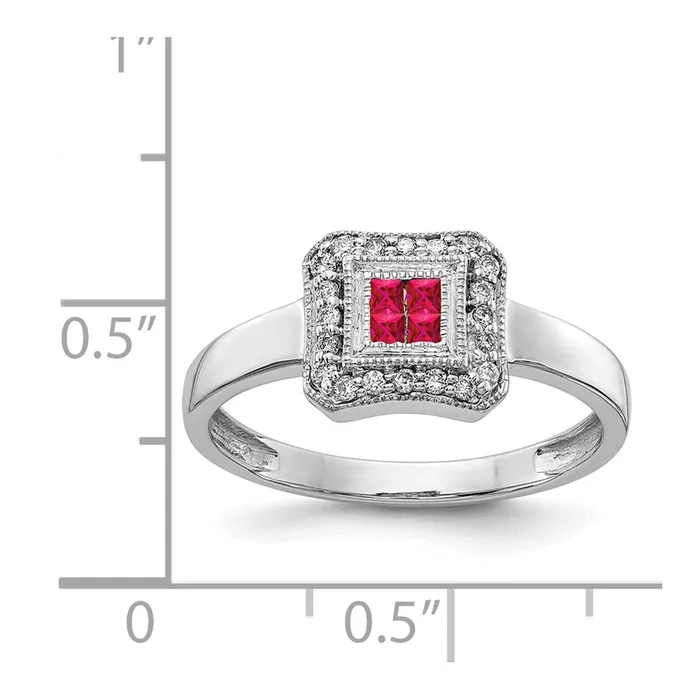 Goldia Rings 14k White Gold Square Design Ruby and Real Diamond Ring