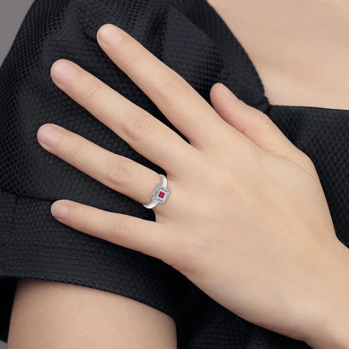 Goldia Rings 14k White Gold Square Design Ruby and Real Diamond Ring