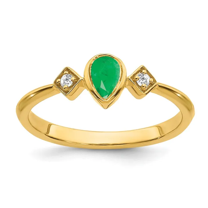 Goldia Rings 14K Yellow Gold Pear Bezel Emerald and Real Diamond Ring