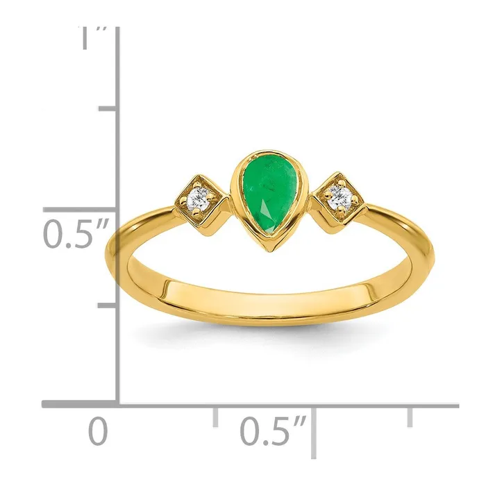 Goldia Rings 14K Yellow Gold Pear Bezel Emerald and Real Diamond Ring