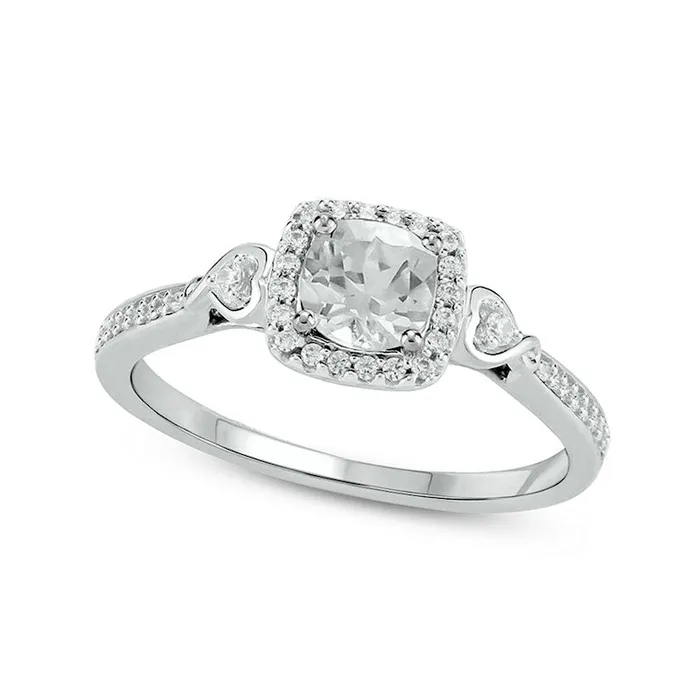Goldia Rings 50mm CushionCut White LabCreated Sapphire and 017 CT TW Diamond Frame Engagement Ring in Sterling Silver Goldia Rings 50mm CushionCut White LabCreated Sapphire and 017 CT TW Diamond Frame Engagement Ring in Sterling Silver