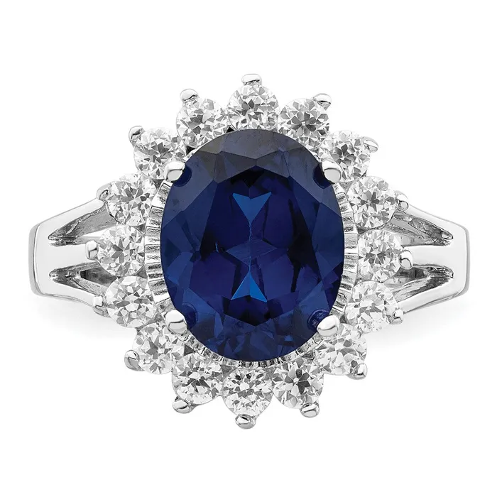 Goldia Rings Cheryl M Sterling Silver Rhodiumplated Brilliantcut Lab Created Dark Blue Spinel and Brilliantcut White CZ Oval Halo Ring