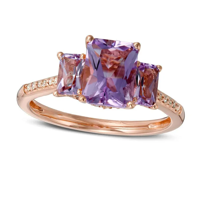 Goldia Rings EmeraldCut Pink Quartz and 017 CT TW Natural Diamond Three Stone Ring in Solid 14K Rose Gold Size 7 Goldia Rings EmeraldCut Pink Quartz and 017 CT TW Natural Diamond Three Stone Ring in Solid 14K Rose Gold Size 7