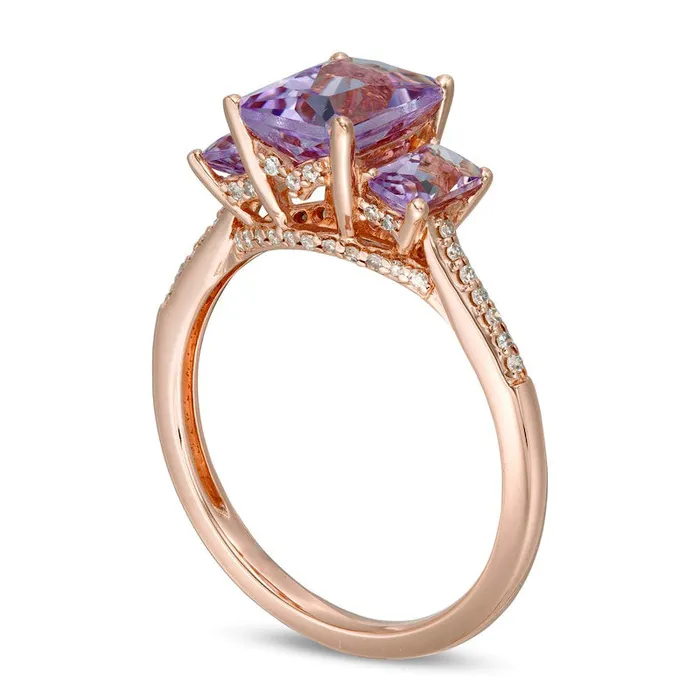 Goldia Rings EmeraldCut Pink Quartz and 017 CT TW Natural Diamond Three Stone Ring in Solid 14K Rose Gold Size 7 Goldia Rings EmeraldCut Pink Quartz and 017 CT TW Natural Diamond Three Stone Ring in Solid 14K Rose Gold Size 7