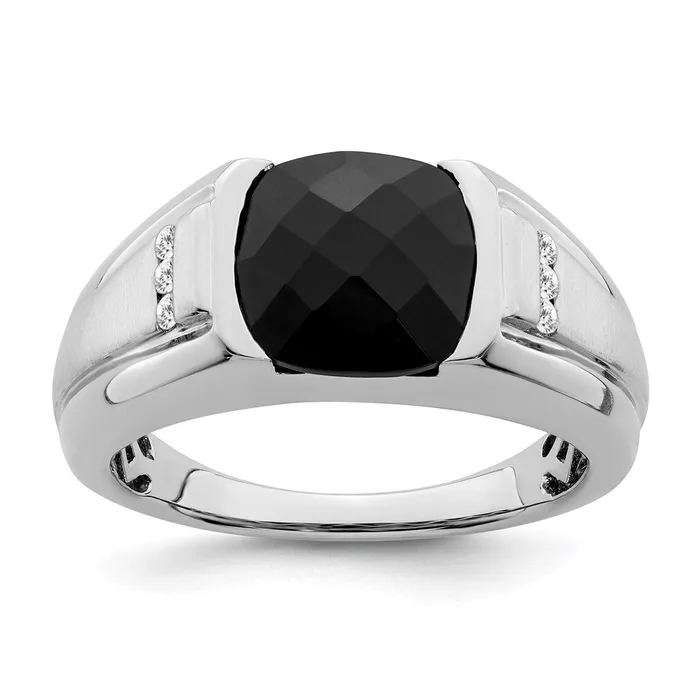 Goldia Rings Solid 14k White Gold Simulated Onyx and CZ Mens Ring