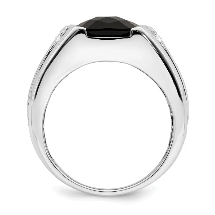 Goldia Rings Solid 14k White Gold Simulated Onyx and CZ Mens Ring