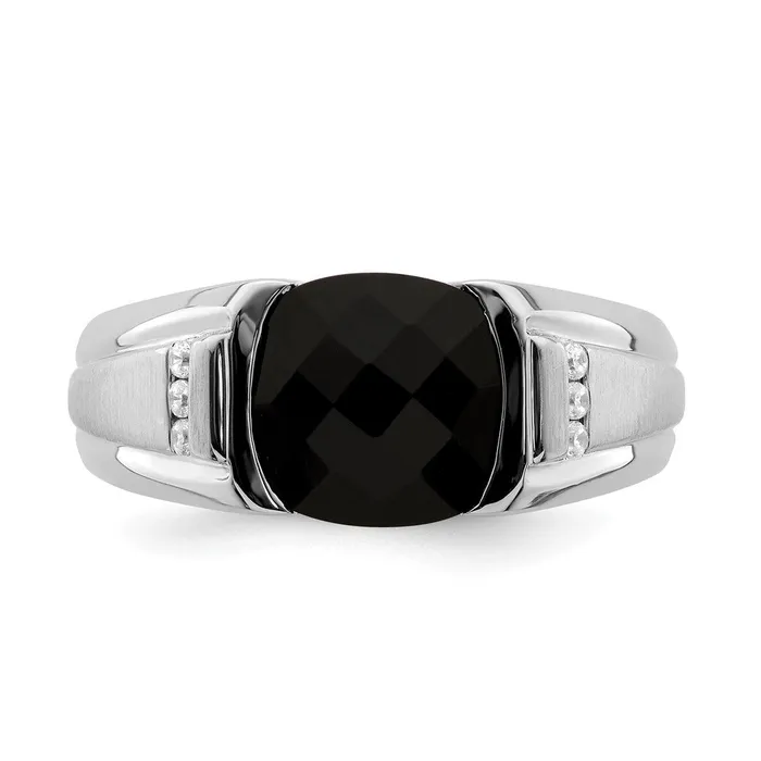 Goldia Rings Solid 14k White Gold Simulated Onyx and CZ Mens Ring