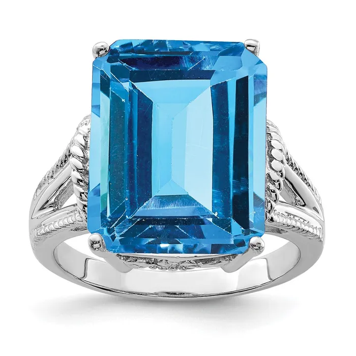 Goldia Rings Sterling Silver Rhodium CheckerCut Blue Topaz Ring