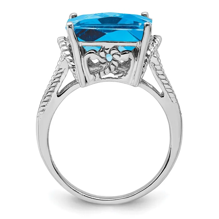 Goldia Rings Sterling Silver Rhodium CheckerCut Blue Topaz Ring