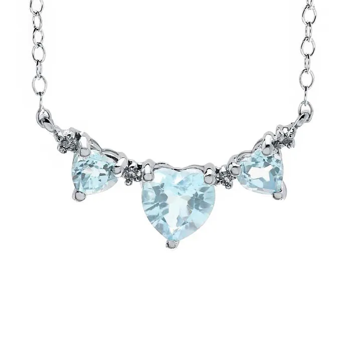 HeartShaped Aquamarine and Natural Diamond Accent Three Stone Necklace in Sterling Silver Goldia Necklaces HeartShaped Aquamarine and Natural Diamond Accent Three Stone Necklace in Sterling Silver Goldia Necklaces