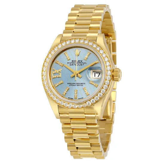 JMS always PreStyled Sets Original Rolex LadyDatejust 28 Cornflower Blue Dial 18K Yellow Gold President Automatic Ladies Watch 279138BLSRDP JMS always PreStyled Sets Original Rolex LadyDatejust 28 Cornflower Blue Dial 18K Yellow Gold President Automatic Ladies Watch 279138BLSRDP