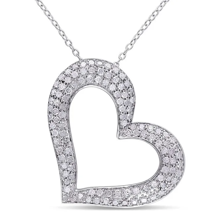 Necklaces Goldia 1 CT TW Natural Diamond Tilted Heart Pendant in Sterling Silver Necklaces Goldia 1 CT TW Natural Diamond Tilted Heart Pendant in Sterling Silver