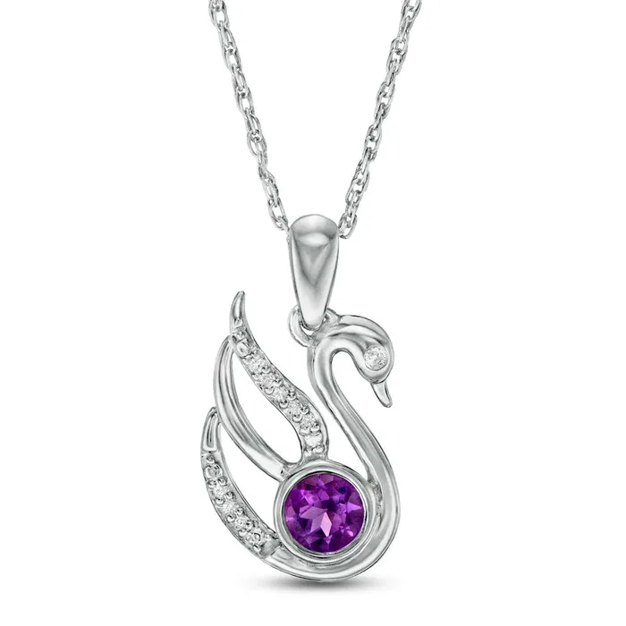 Necklaces Goldia 40mm Amethyst and Natural Diamond Accent Swan Pendant in Sterling Silver Necklaces Goldia 40mm Amethyst and Natural Diamond Accent Swan Pendant in Sterling Silver