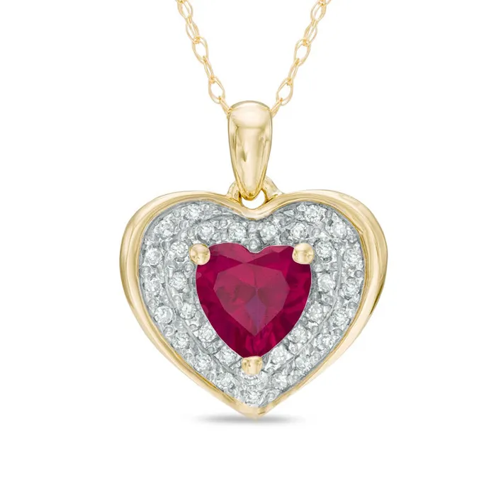 Necklaces Goldia 60mm HeartShaped LabCreated Ruby and 013 CT TW Diamond Frame Heart Pendant in 10K Yellow Gold Necklaces Goldia 60mm HeartShaped LabCreated Ruby and 013 CT TW Diamond Frame Heart Pendant in 10K Yellow Gold