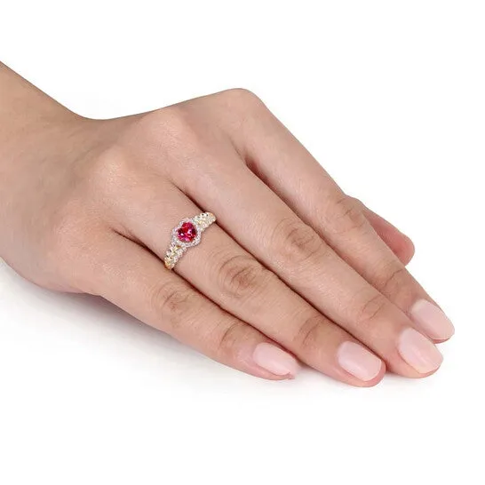 Original Amour 58 CT TGW Created Ruby and Diamond Halo Heart Ring in 10k Yellow Gold JMS005023 JMS always Rings Original Amour 58 CT TGW Created Ruby and Diamond Halo Heart Ring in 10k Yellow Gold JMS005023 JMS always Rings