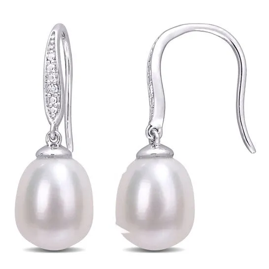 Original AMOUR 859mm Freshwater Cultured Pearl and Diamond Accent Shepherd Hook Earrings In Sterling Silver JMS always Earrings Original AMOUR 859mm Freshwater Cultured Pearl and Diamond Accent Shepherd Hook Earrings In Sterling Silver JMS always Earrings