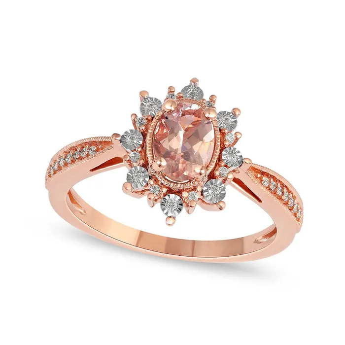 Oval Morganite and 010 CT TW Natural Diamond Sunburst Frame Antique VintageStyle Tapered Shank Ring in Solid 10K Rose Gold Goldia Rings