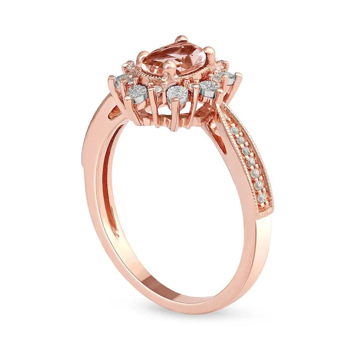 Oval Morganite and 010 CT TW Natural Diamond Sunburst Frame Antique VintageStyle Tapered Shank Ring in Solid 10K Rose Gold Goldia Rings Oval Morganite and 010 CT TW Natural Diamond Sunburst Frame Antique VintageStyle Tapered Shank Ring in Solid 10K Rose Gold Goldia Rings