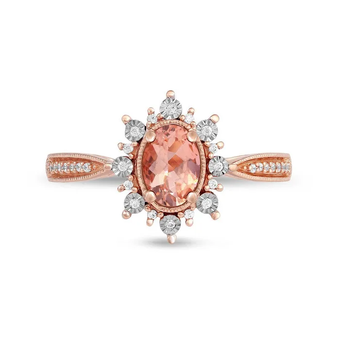 Oval Morganite and 010 CT TW Natural Diamond Sunburst Frame Antique VintageStyle Tapered Shank Ring in Solid 10K Rose Gold Goldia Rings Oval Morganite and 010 CT TW Natural Diamond Sunburst Frame Antique VintageStyle Tapered Shank Ring in Solid 10K Rose Gold Goldia Rings