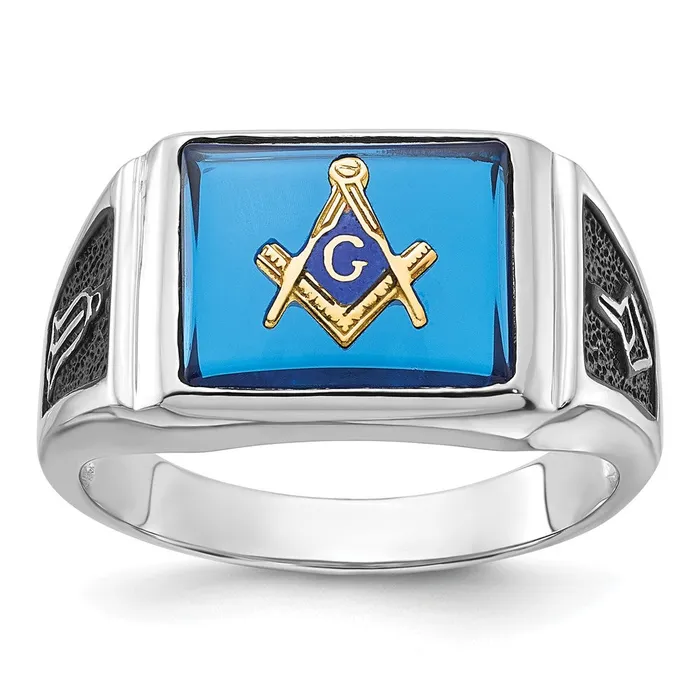 Rings 14k White Gold Mens Polished and Textured with Black Enamel and Imitation Blue Spinel Masonic Ring Goldia