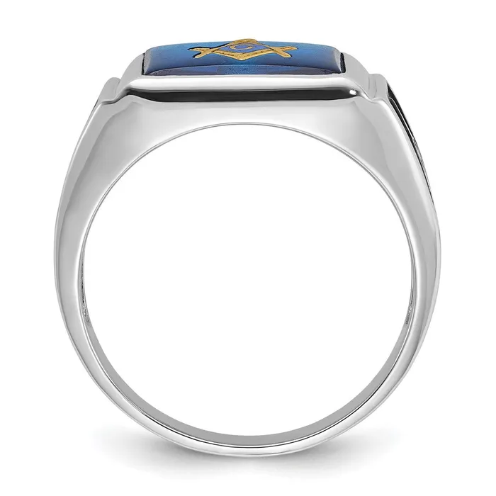 Rings 14k White Gold Mens Polished and Textured with Black Enamel and Imitation Blue Spinel Masonic Ring Goldia