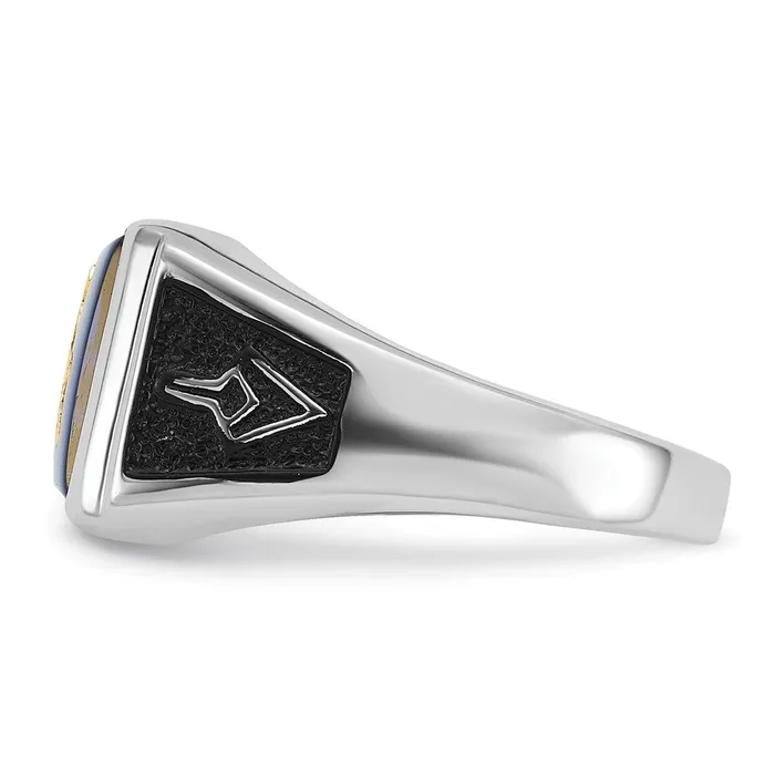 Rings 14k White Gold Mens Polished and Textured with Black Enamel and Imitation Blue Spinel Masonic Ring Goldia