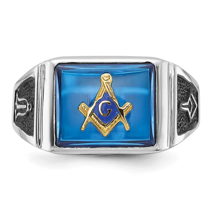 Rings 14k White Gold Mens Polished and Textured with Black Enamel and Imitation Blue Spinel Masonic Ring Goldia