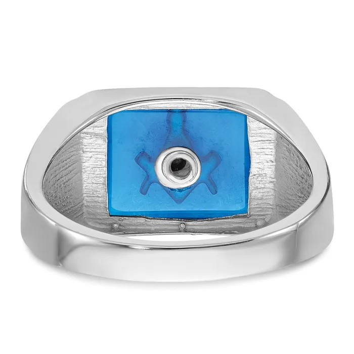 Rings 14k White Gold Mens Polished and Textured with Black Enamel and Imitation Blue Spinel Masonic Ring Goldia