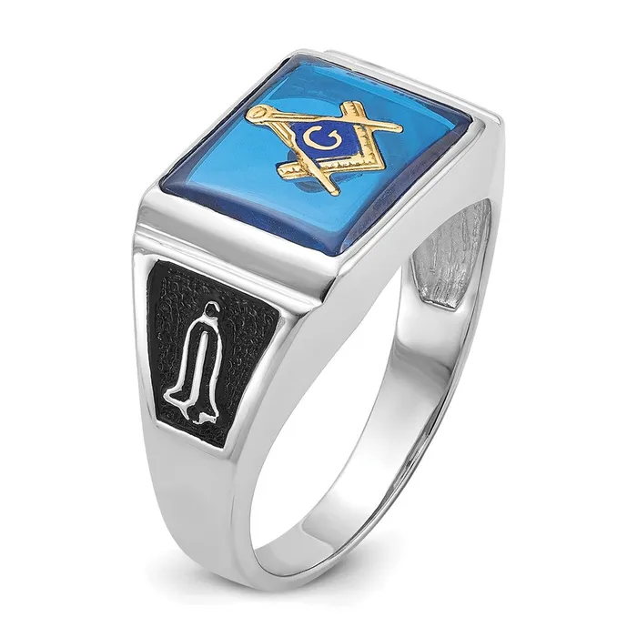 Rings 14k White Gold Mens Polished and Textured with Black Enamel and Imitation Blue Spinel Masonic Ring Goldia