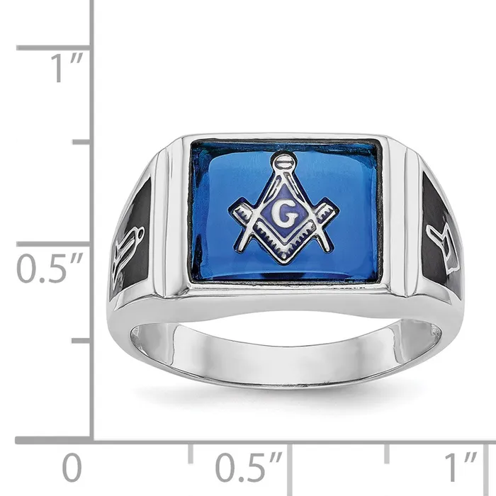 Rings 14k White Gold Mens Polished and Textured with Black Enamel and Imitation Blue Spinel Masonic Ring Goldia