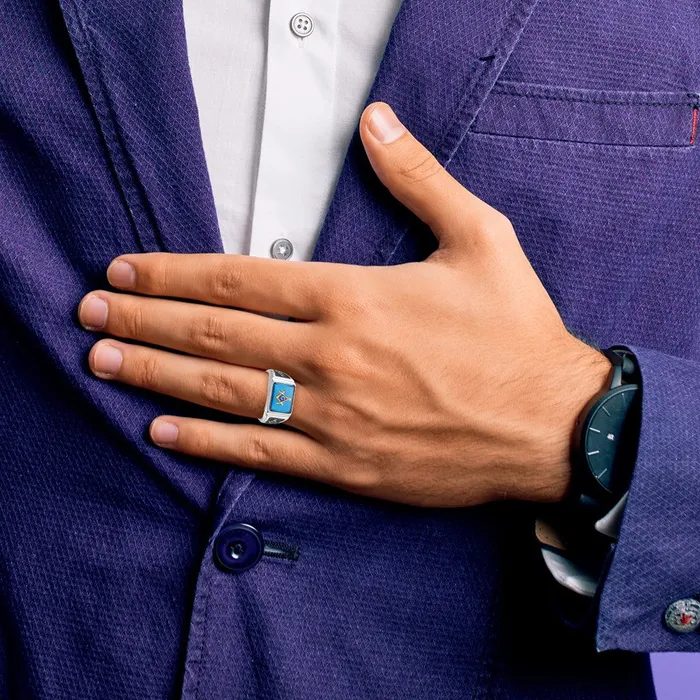 Rings 14k White Gold Mens Polished and Textured with Black Enamel and Imitation Blue Spinel Masonic Ring Goldia