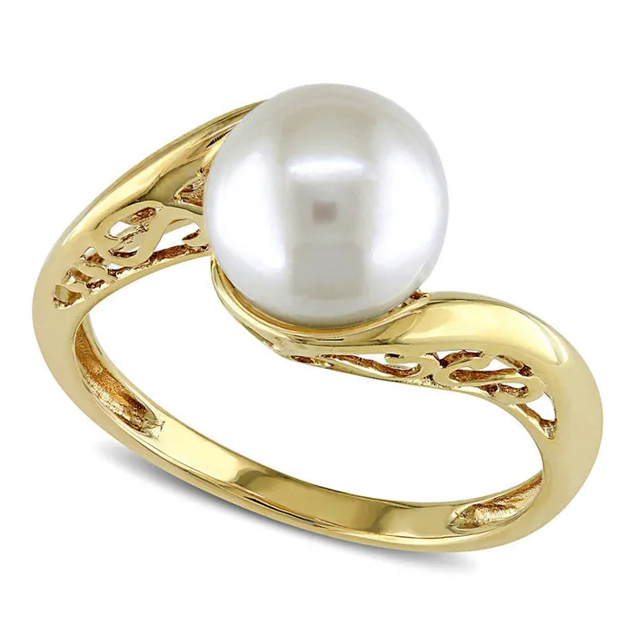 Rings 80 85mm Cultured Freshwater Pearl and Scroll Bypass Ring in Solid 10K Yellow Gold Goldia Rings 80 85mm Cultured Freshwater Pearl and Scroll Bypass Ring in Solid 10K Yellow Gold Goldia