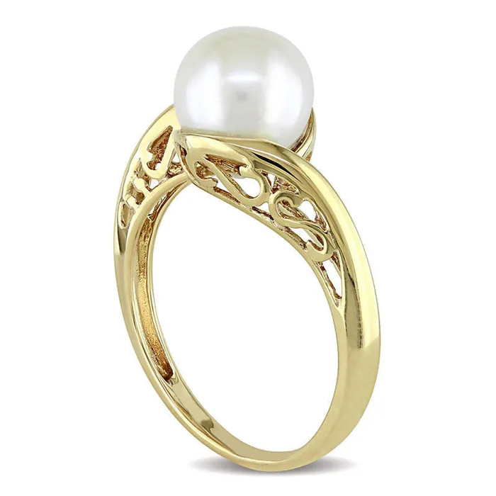 Rings 80 85mm Cultured Freshwater Pearl and Scroll Bypass Ring in Solid 10K Yellow Gold Goldia Rings 80 85mm Cultured Freshwater Pearl and Scroll Bypass Ring in Solid 10K Yellow Gold Goldia