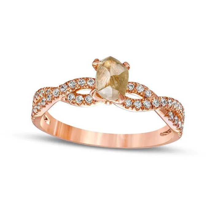 Rings Goldia 125 CT TW RoughCut Champagne and White Natural Diamond Twist Shank Engagement Ring in Solid 14K Rose Gold Rings Goldia 125 CT TW RoughCut Champagne and White Natural Diamond Twist Shank Engagement Ring in Solid 14K Rose Gold