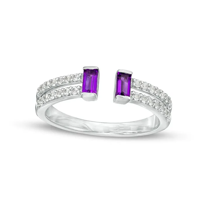 Rings Goldia Baguette Amethyst and White LabCreated Sapphire Open Shank Ring in Sterling Silver Size 7 Rings Goldia Baguette Amethyst and White LabCreated Sapphire Open Shank Ring in Sterling Silver Size 7