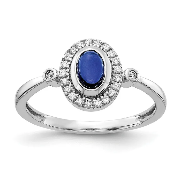 Rings Goldiacom 14k White Gold Real Diamond and Oval Cabochon Sapphire Halo Ring Rings Goldiacom 14k White Gold Real Diamond and Oval Cabochon Sapphire Halo Ring