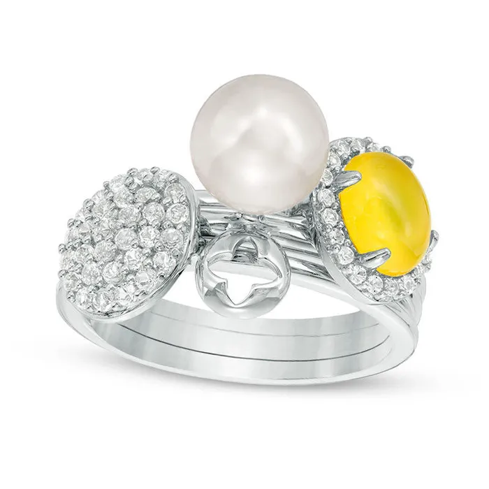 Rings Goldia Cultured Freshwater Pearl Dyed Lemon Quartz and White Topaz Three Piece Stackable Ring Set in Sterling Silver Rings Goldia Cultured Freshwater Pearl Dyed Lemon Quartz and White Topaz Three Piece Stackable Ring Set in Sterling Silver