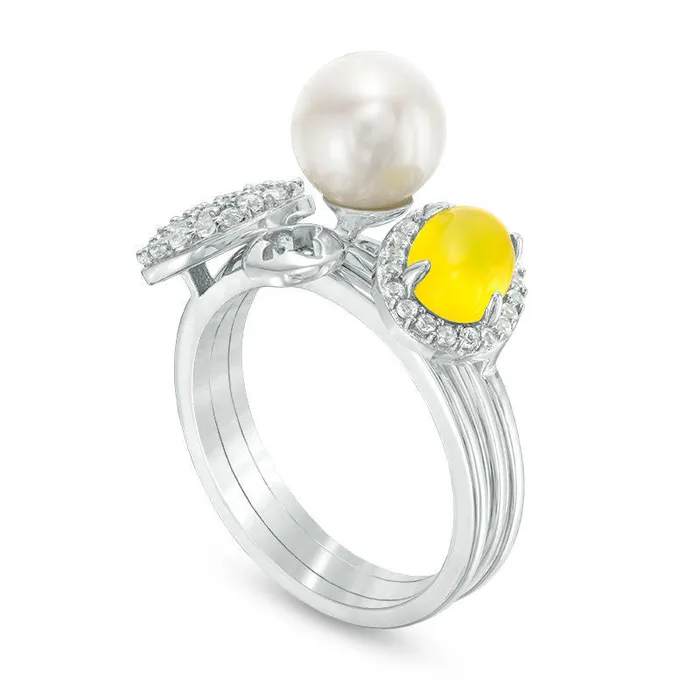 Rings Goldia Cultured Freshwater Pearl Dyed Lemon Quartz and White Topaz Three Piece Stackable Ring Set in Sterling Silver Rings Goldia Cultured Freshwater Pearl Dyed Lemon Quartz and White Topaz Three Piece Stackable Ring Set in Sterling Silver